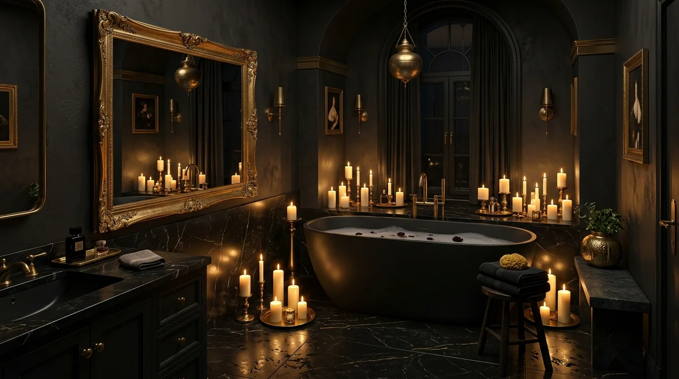 Warm the darkness with gold and candles inspiration for a black bathroom.